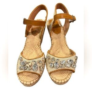 Arturo Chiang Espadrille Jeweled Wedge Beige Cork Heels Size 10